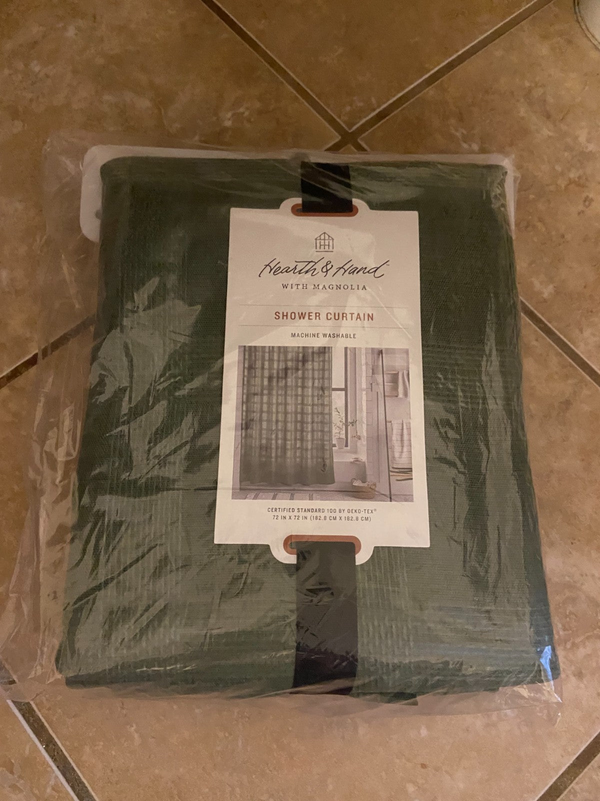 New Hearth & Hand with Magnolia Grid-Like Textured Shower Curtain 72x72", Green