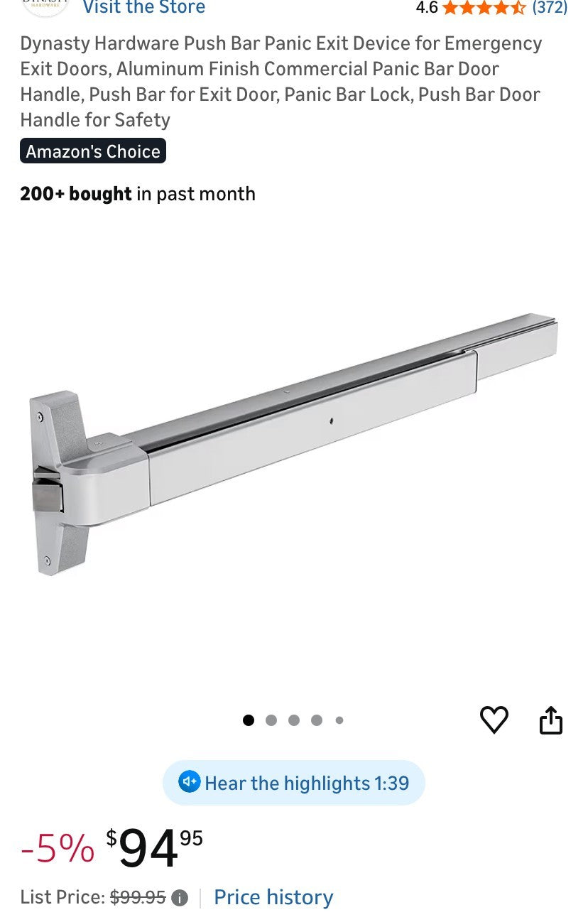 Dynasty Hardware Push Bar Panic Exit Device for Emergency Exit Doors Aluminum