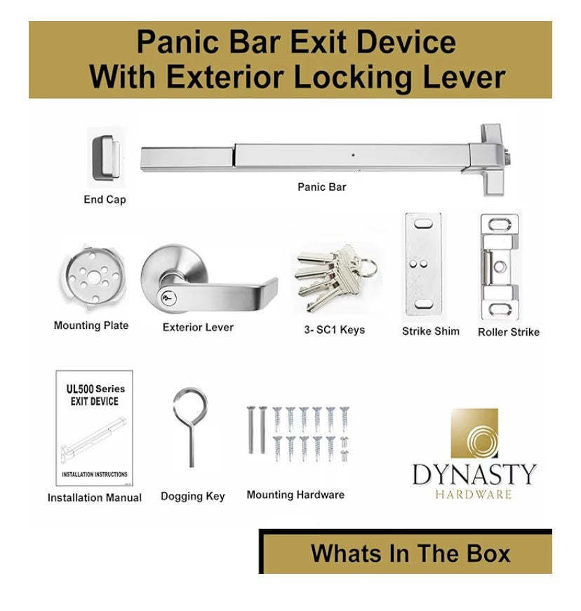 Dynasty Hardware DYN-500P-36-AL-06 Push Bar Panic Exit Device & Exterior Lever